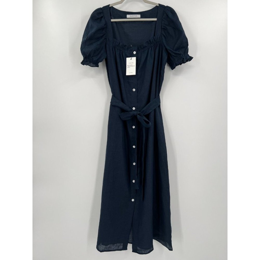 Sleeper Women’s Midi Brigitte Linen Lounge Dress in Navy Blue sz S Cottagecore